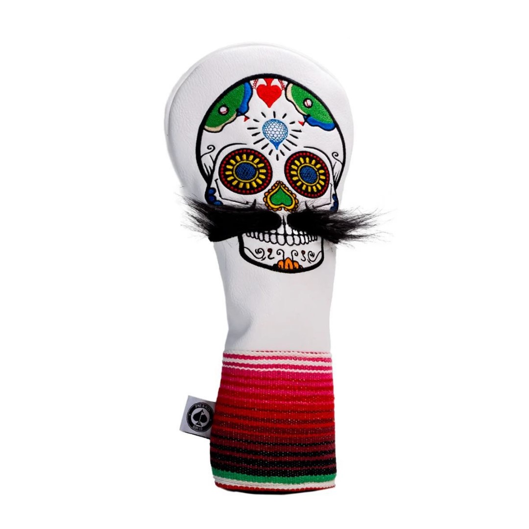 Driver Headcover med Mustache Sugar Skull i Hvid fra Pins And Aces